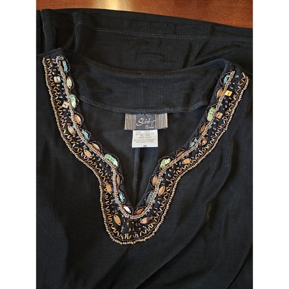 Vintage 90s Slinky Brand Womens 2X Tunic Top Black 3/4 Sleeve Fairy Stretchy USA - Picture 8 of 13